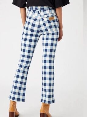 Wrangler 24 Jeans Wrock 672 High-Rise Kick Flare Blue Plaid Gingham Check NWT